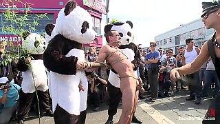Bundet i offentligheden. nøgne pandaer trick or treat lige i tide til halloween